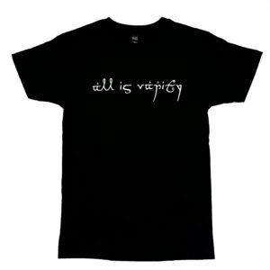 Black shirt with “All Is Vanity” print