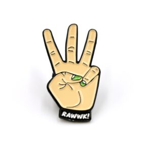 Enamel pin shaped as a hand holding up three fingers